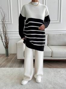 RueChic Woman High Neck Striped Sweater And Pants Co-Ords Winter Two Piece Outfits
