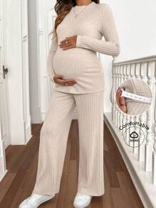 SHEIN Maternity Casual Solid Color Ribbed Top And Pants Set For Autumn - Khaki - View 1