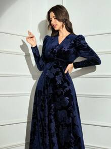 Modelyn Women V-Neck Crossed Wrap Elegant Long Sleeve Arabian Modest Dress Long Evening Dresses - Blue - View 1