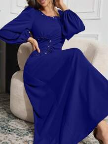 Modelyn Women's Solid Color Square Collar Rhinestone Ruched Long Sleeve Arabian Modest Dress Long Evening Dresses - Blue - View 5