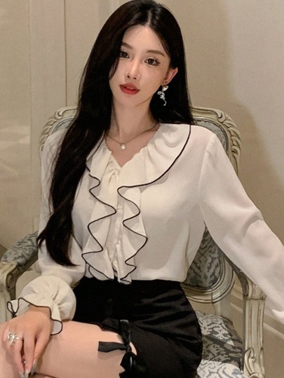 DAZY Blusa con volantes nueva llegada para mujer en otoño, blusas de manga larga, ropa de mujer para el otoño