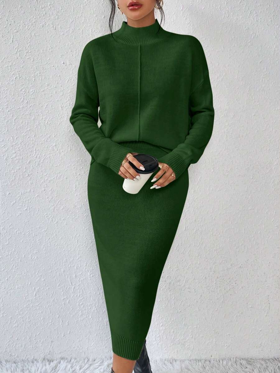 Bộ đồ dệt kim 2 món cổ tròn tay dài màu trơn kèm chân váy cho nữ - xanh quân đội - Xem 1