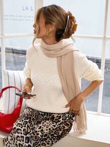 SHEIN LUNE 女士休闲珍珠撞色基本款针织毛衣秋冬季 - 米色 - 查看 6