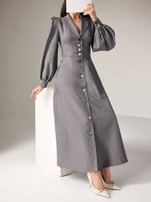 Heiryn Vestido largo de mujer de mangas farol, botones frontales y unicolor elegante, para otoño - Gris - Ver 3