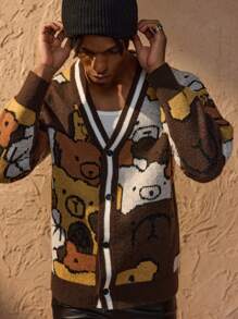 Forever 21 Áo len cardigan dệt kim dài tay in hình gấu bông giản dị cho nam mùa thu/đông - màu nâu - Xem 4