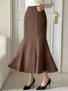 DAZY 1pc Women Solid Color Fishtail Hem Skirt, Elegant - Brown - View 6