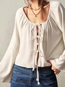 Bohemela Casual Solid Color Woven Flare Sleeve Round Neck Loose Blouse For Women