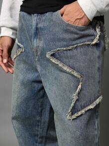 SUMWON 破洞直筒星星图案镂空贴花牛仔裤 阔腿毛边牛仔裤 休闲街头服饰 节日 Y2K 时尚宣言裤