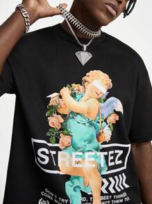 Manfinity VCAY Camiseta de manga corta de punto holgada con eslogan y gráfico de ángel, informal para hombre