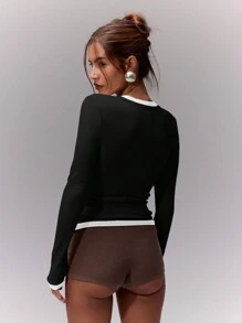 MUSERA Contrast Trim Fitted Long Sleeve Top Casual Vacation Airport Holiday Cute Fall Back To School Autumn Winter Chic Spring Summer - Black - View 2