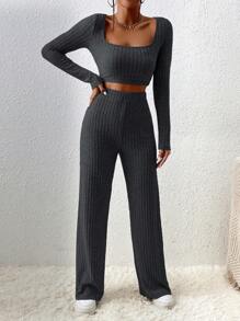 EURMUSE Cotton 2pcs/Set Ribbed Short Sleeve T-Shirt & Long Pants Outfits - Dark Grey - View 4