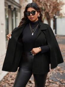 SHEIN Unity Plus Size Solid Color Lapel Belted Cape Sleeve Long Coat, For Winter - Black - View 4