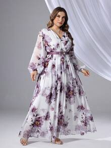 Vestido de manga larga con cuello en V y estampado floral para mujer de talla grande