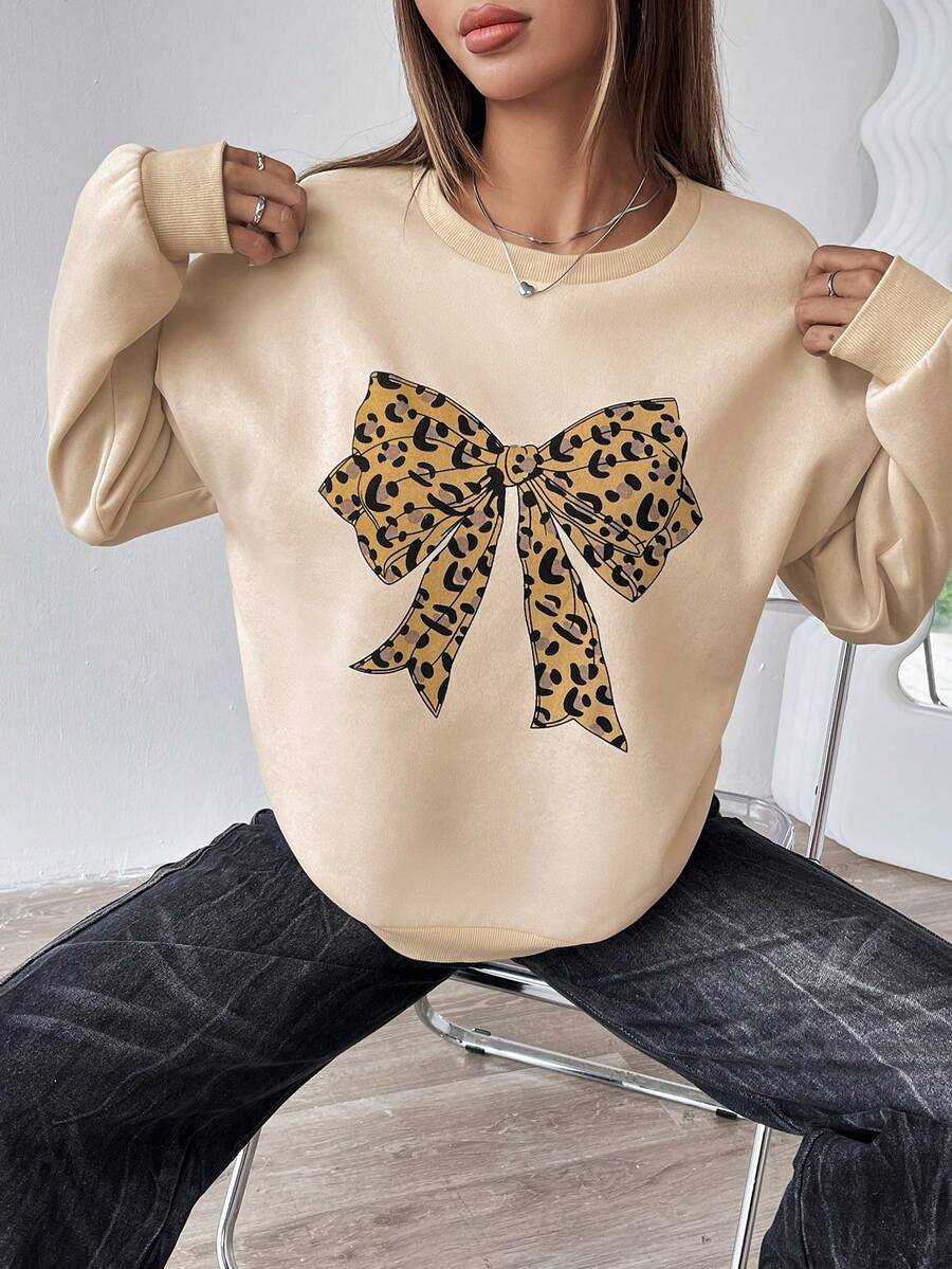 Chiquease Áo nỉ nơ họa tiết da báo giản dị cho mùa thu/đông - Màu be - Xem 1