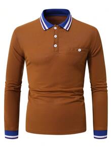 Manfinity Mode Men Casual Contrast Stripe Trim Long Sleeve Collar Polo Shirt, Autumn, For Work