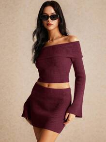 Poéselle Ensemble casual de 2 pièces pour femmes, top épaules dénudées et jupe de couleur unie, tenue d'automne