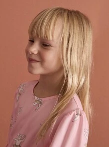 SHEIN Young Girl Casual Cartoon Cute Print Round Neck Puff Sleeve Short Dress, Autumn/Winter, Pink