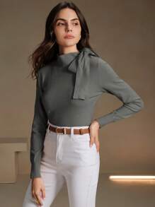 Anewsta Autumn/Winter Solid Color Elegant Bowknot Shoulder Design Women Knitted Pullover Sweater