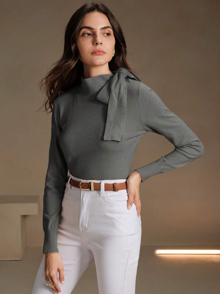 Autumn/Winter Solid Color Elegant Bowknot Shoulder Design Women Knitted Pullover Sweater