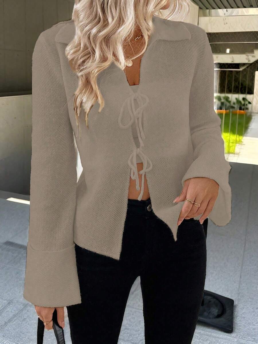 Chiquease Cárdigan casual con abertura delantera y ajustable, con cuello, en color blanco nacarado, de estilo de moda - Gris - Ver 1