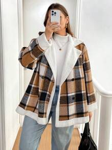 SHEIN Essnce Abrigo holgado a cuadros cálido de talla grande para mujeres en otoño e invierno, ropa de mujer de invierno, abrigos térmicos para tiempo frío, prendas de vestir para clima frío
