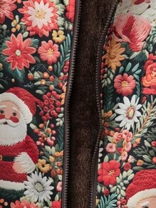 Christmas Plus Size Santa Claus Print Thermal Lined Zipper-Up Hooded Sweatshirt For Autumn/Winter