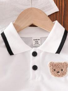 SHEIN Baby Girls 2pcs Set: White Long Sleeve Bear Emblem Shirt + Solid Color Skirt - Black - View 5