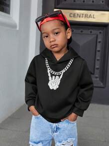 SHEIN 骷髅图案套头连帽衫，黑色，合身设计，日常休闲穿着，适合秋冬季 - 黑色 - 查看 2