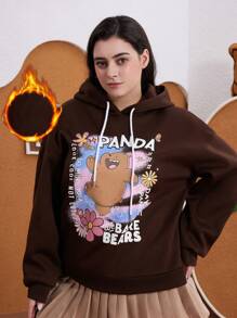 We Bare Bears X SHEIN Plus Size Casual Cute Funny Brown Graffiti Bear & Tropical Flower Print Thermal Lined Sweatshirt, Autumn/Winter - Brown - View 4