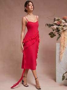 L'Amorae Women Solid Color Ruffle Trim Split Thigh Cami Dress