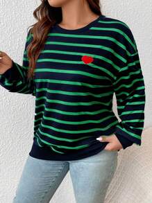 SHEIN Frenchy 大码圆领长袖心形细节简约条纹运动衫 - 藍色 - 查看 3