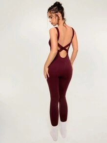 Athîral Minimalist Solid Color Open Back Camisole Jumpsuit, Slim Fit Sports Romper