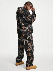 Manfinity VCAY 男士宽松数码印花长袖运动衫套装，适合秋冬 - 黑色 - 查看 2