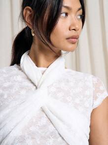 AiiRZ 花卉蕾丝盖袖 T 恤芭蕾裹身细节高领修身女性场合特殊活动优雅晚会春夏婚礼宾客 - 白色 - 查看 3