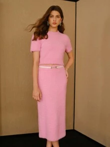 MOTF STUDIO SOLID FLUFFY KNIT CROP KNIT TOP & SKIRT SET WITHOUT BELT - Pink - View 4