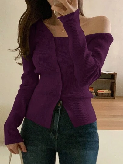 DAZY 女士纯色斜肩修身优雅毛衣，秋冬