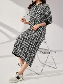 Mulvari 1 件女士几何印花连帽领休闲百搭长袖毛衣连衣裙 - 黑與白 - 查看 1