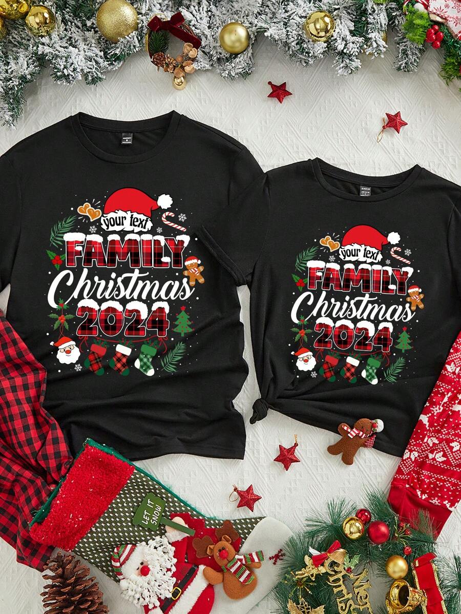 Manfinity Homme 男士 1 件时尚休闲圣诞元素字母图形印花情侣 T 恤，圣诞礼物 - 黑色 - 查看 1