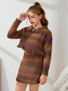 Tween Girl Contrast Vintage Hood Button Fringed Sweater And Mini Skirt Two Pieces Set