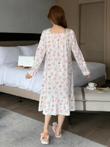 DAZY Camisón de pijama con volantes y estampado de flores y osos lindos - Blanco - Ver 2