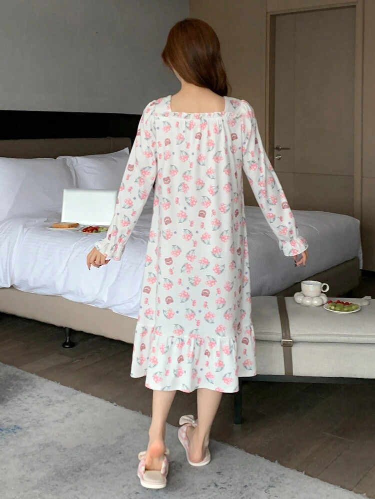 Cute Floral & Bear Pattern Ruffle Hem Nightgown Pajama