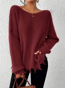 SHEIN VCAY Solid Color Asymmetrical Hem Casual Long Sleeve Pullover In Fall/Winter - Burgundy - View 3