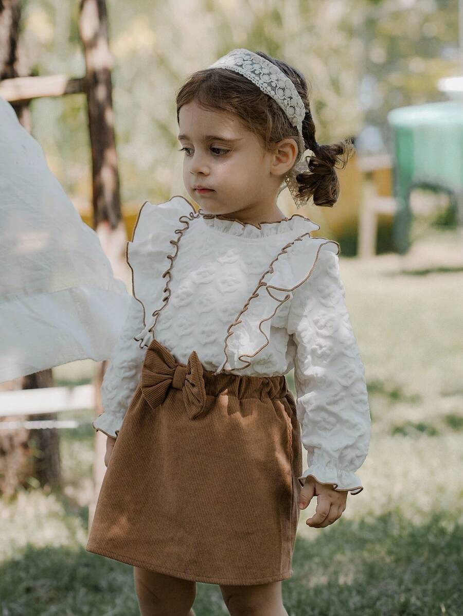 2pcs Baby Girls' Ruffle Collar Jacquard Long Sleeve Top And Skirt Set, Suitable For Outing, Spring/Autumn - Multicolor - View 1