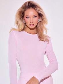 SHEIN x Eduarda Gutierrez MUSERA Crew Neck Long Sleeve Bodysuit Fitted Casual Capsule Wardrobe Basic Everyday Business Office Work Back To School Winter Lounge Belles Date Night Pink Girly Cute Party Chic Valentines Vacation Spring Summer Elegant - Pink - View 5