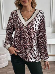 Chiquease Sudadera holgada de manga larga con cuello en V, estampado de leopardo y parches, de punto acanalado, para otoño - Multicolor - Ver 6