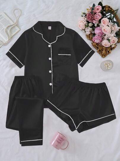 3st/set Pyjamas för tonårstjejer, ljusrosa shorts i satintyg, byxor och kortärmad kofta