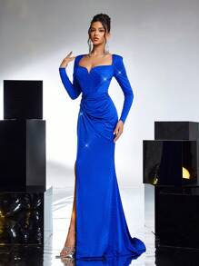 Glamrae Elegante y hermoso vestido de cóctel con cuello cuadrado, manga larga, bajo de cola de sirena en terciopelo azul zafiro, adecuado para cenas, fiestas de soltero, citas, cumpleaños, bailes, eventos de boda, vestidos de fiesta, vestidos de invitada de boda, vestidos formales - azul real - Ver 7