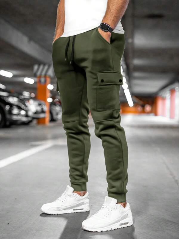 Manfinity Homme Men's Solid Color Front Tie Pocket Casual Cargo Sweatpants, Daily Wear