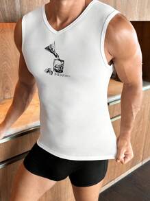 Men's V-Neck Letter & Graphic Print Tight Sleeveless Base Layer Top - White - View 4