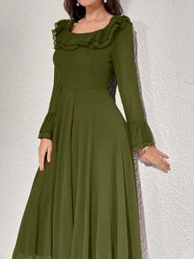 Modelyn 女士优雅纯色喇叭袖荷叶边下摆长裙，秋季长款女士服装长款晚礼服女秋季服装 - 橄欖綠 - 查看 6